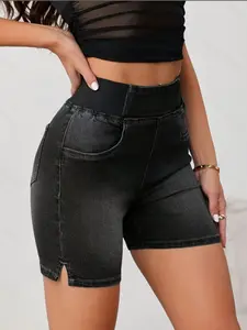 Women's Plus Size High Waist Slim Fit Denim Shorts | Mid Stretch Black Wash Side Slit | Casual Spring Summer denim Shorts 2026 New Arrivals Bottom Womenswear Basic