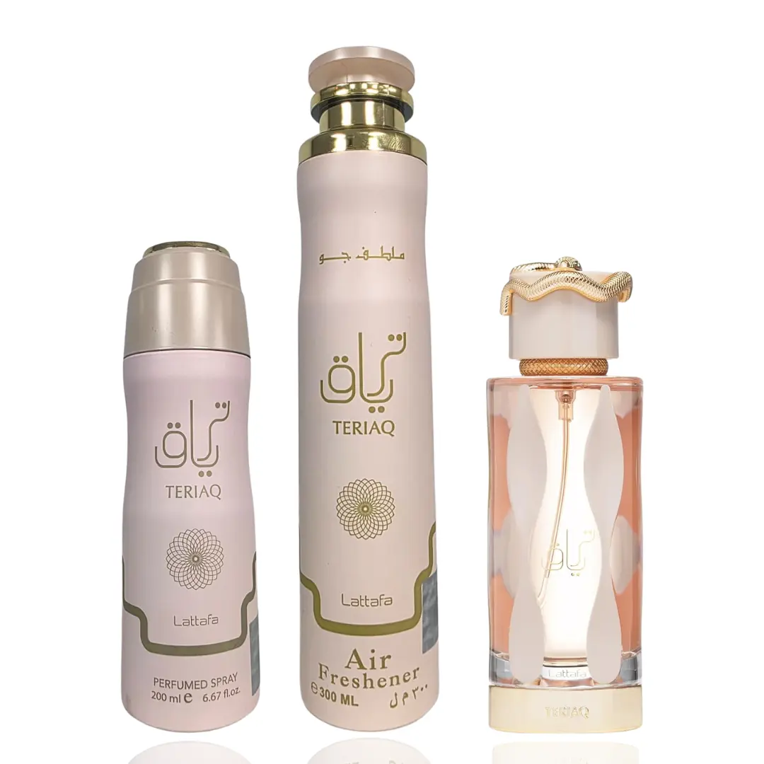 Lattafa Teriaq Women's Fragrance Set - Packaged, Boxed, Aromatic Fragrances Bundle Including Teriaq Perfume, Air Freshener, and Deodorizing Aroma Deodorant, Packaged Women's Fragrance