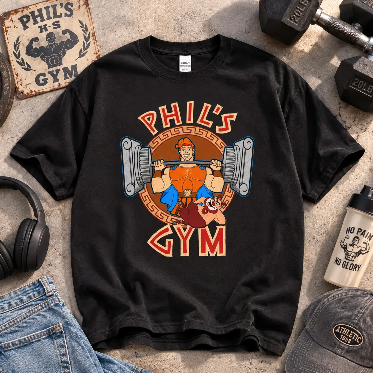 Phil's Gym Hercules Graphic T-Shirt Vintage Greek Mythology Workout Tee Funny Gym Shirt Unisex Heavy Cotton Gift for Fitness Lovers