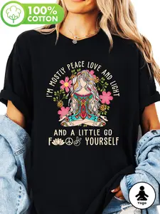Women's "I'm Mostly Peace Love & Light" Yoga Print T-Shirt - Short Sleeve Crew Neck Casual Top with Floral & Peace Symbols, 100% Cotton Breathable Tee for Spring & Summer, Machine Washable, Summer Clothing, Tranquil Design, Soft Fabric Shirt