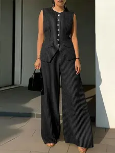 Women's Striped Sleeveless Round Neck Vest & Elastic Waist Wide Leg Pants Set, Suits, No Pocket, Two-Piece for Casual Wear