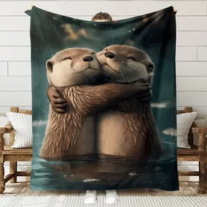1pc Ultra-Soft Otter-Themed Blanket - Cute hugging otters in Greenish-Blue, All-Season Cozy Throw for Bed, Couch, Camping - Machine Washable Luxury Wildlife Decor Gift for Animal Lovers, Bed And Couch Throw, Scandinavian Style, Pl air conditioner blanket