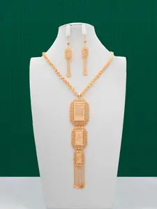 Vintage Filigree Woven Long Tassel Matching Jewelry Set, Pendant Necklace Bracelet Ring Earrings, Fashion Jewelry Accessories for Women