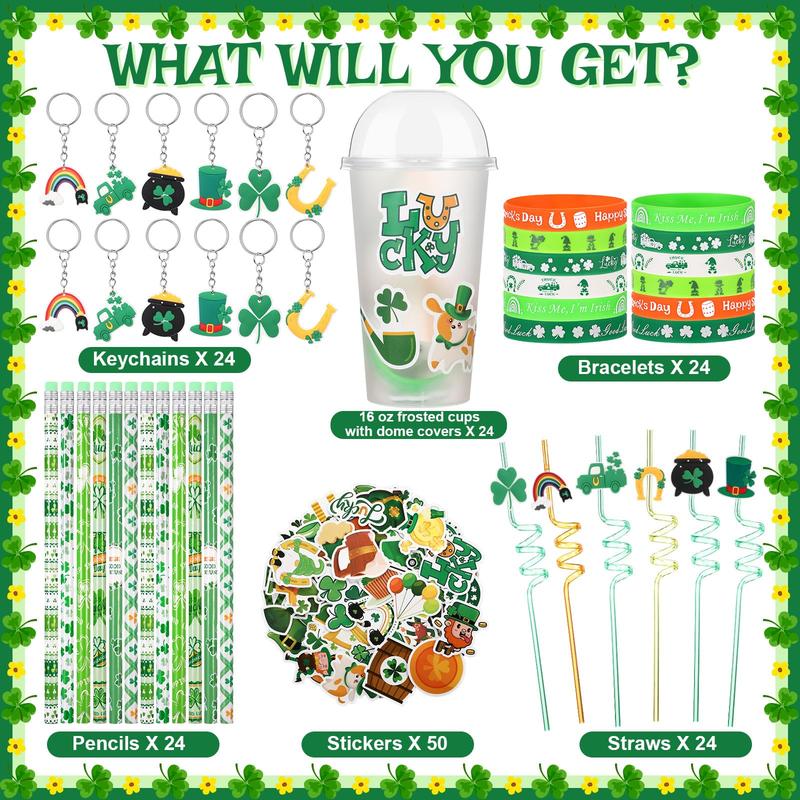 24/30 Set St Patrick's Day Stationery Gifts Set St Patrick's Day Party Favor Lucky Shamrock Cup Fillers  Pencil Lids Straws Keychain Silicone Bracelet for Boys Girls Students Teachers Friends for Party Supplies Irish Classroom Exchange Gift School Reward