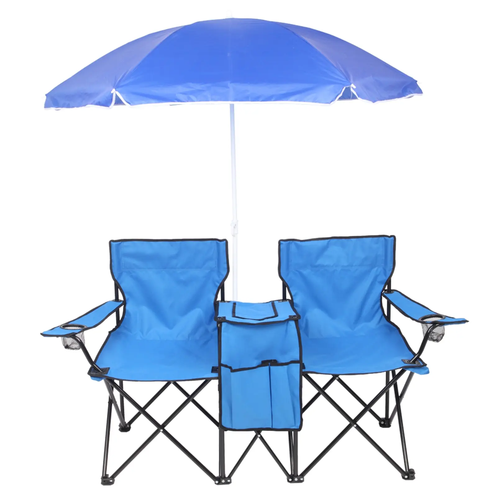 2-Person Folding Camping Chair with Removable Shade Umbrella, Lightweight Portable Oxford Loveseat with Cooler, High Carbon Steel Long-Lasting Beach Chair, Convenient-to-Use Premium Outdoor Furniture