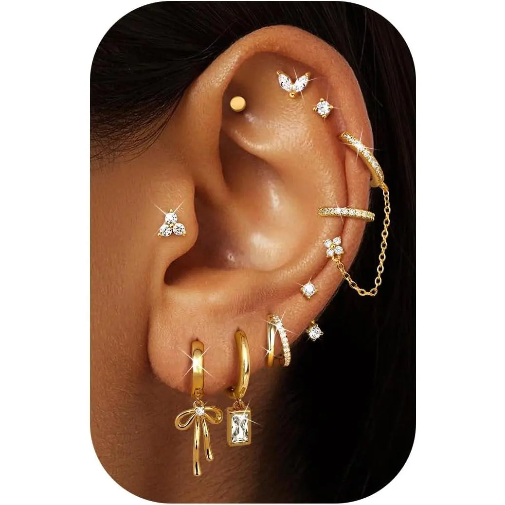 Small Hoop Stud Earrings Stacks for Women 14K Gold Plated Silver Huggie Hoops Cartilage Hypoallergenic Chain Cute Dangle Earrings Set for Multiple Piercings Jewelry