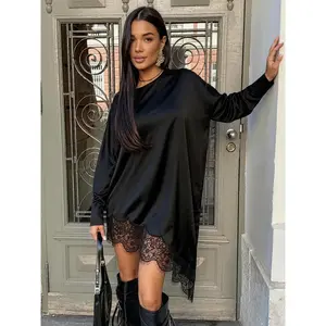 Women’s asymmetric long lace shirt — black, long-sleeved spring top; fashionable, casual, minimalist, elegant