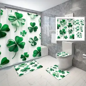 1/4pcs St Patrick's Day Shamrock Shower Curtain Set, Includes Toilet Seat Cover, Rectangle Mat, U-Shaped Pad, Bathroom Decor, 12 Hooks Included, Bathroom Accessory
