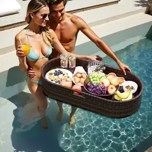 Pool Tray Floating Table for Pool with Handles Wicker Woven Large Swimming Pool Bar Accessories Drink Holders for Adults, Spas, Parties (Brown)