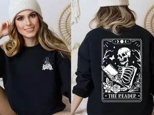 The Reader Tarot Card Front And Back Sweatshirt, Skeleton Reading Shirt, Book Lover Gift For Women, Book Lover Shirt, Tarot Card Tee