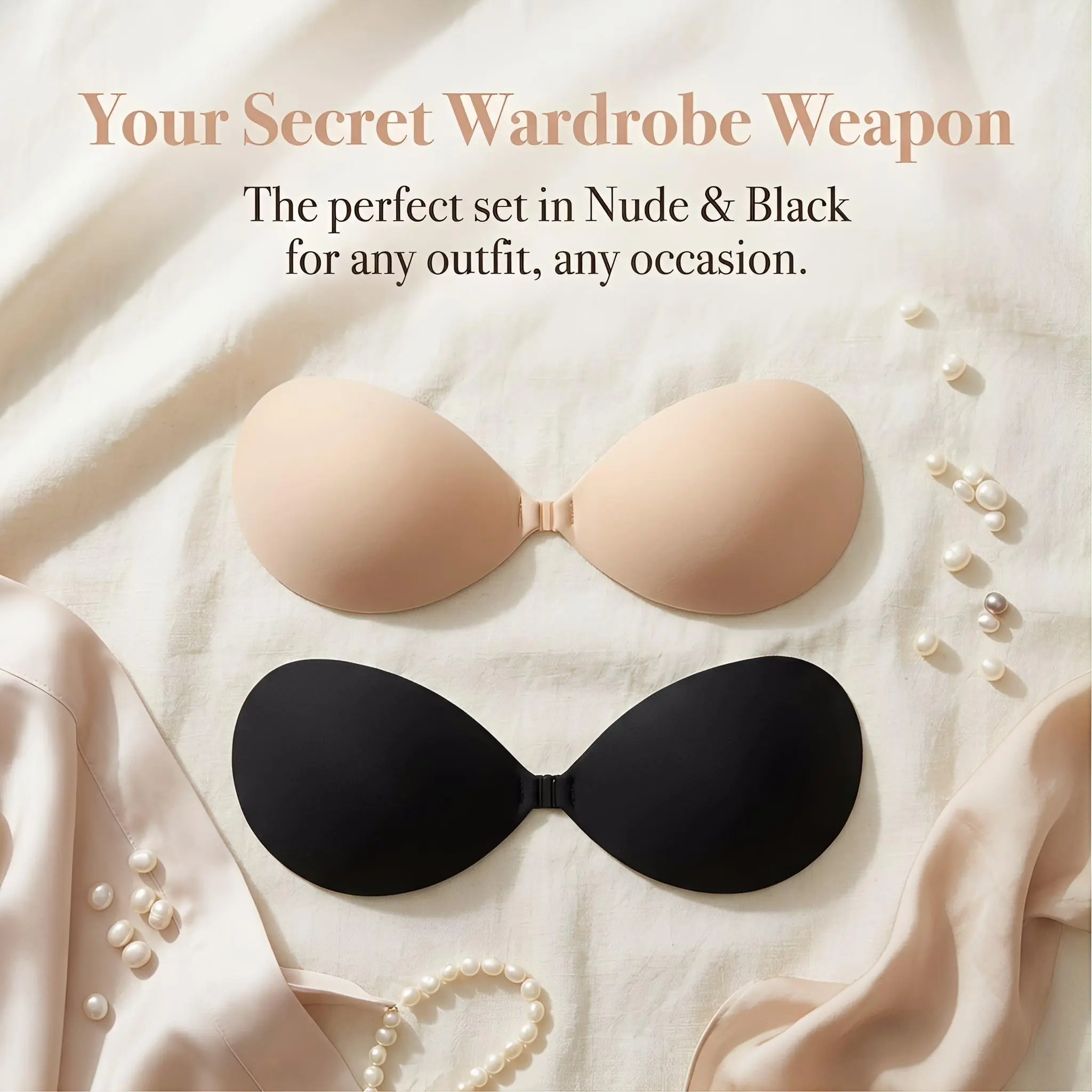 Women's Front Closure Strapless Backless Bra, Reusable Seamless Nipple Covers & Thickened Push-Up Bra Pad Inserts - 82.3% Nylon 17.7% Spandex Breast Lift Pads, Removable Washable, Multi-Occasion for Wedding Dresses, Evening Parties, Clubwear
