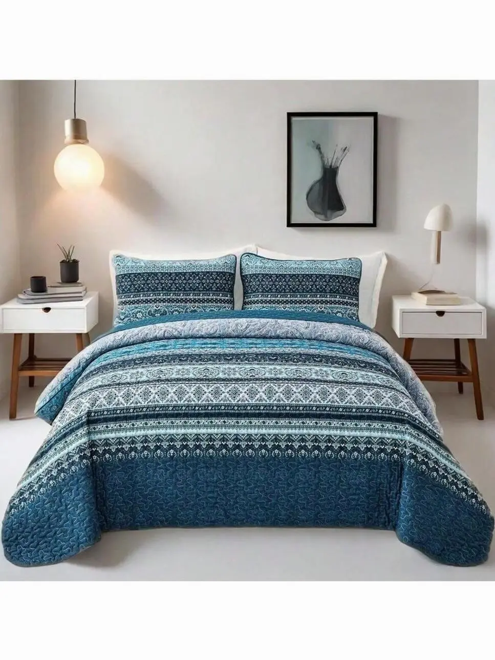 3PCS Green Boho Quilt Set, Bohemian Bedspread, Soft Lightweight Microfiber Bedding with Pillowcases, All Season Bedroom Decor Gift