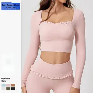 Square Neck Long-Sleeve Workout Top with Built-in Bra All-in-One Moisture-Wicking Yoga & Running Shirt in Optional Color Activewear Athletic Fitness Outfit Gym Sweatwear