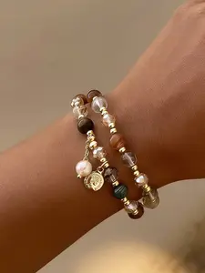 Vintage Dual-Layer Crystal Pearl Beaded Bracelet, Women's Ethnic Style Natural Stone Beads, Wrap-Around Bangle, Jewelry Gift, Exquisite Bracelet