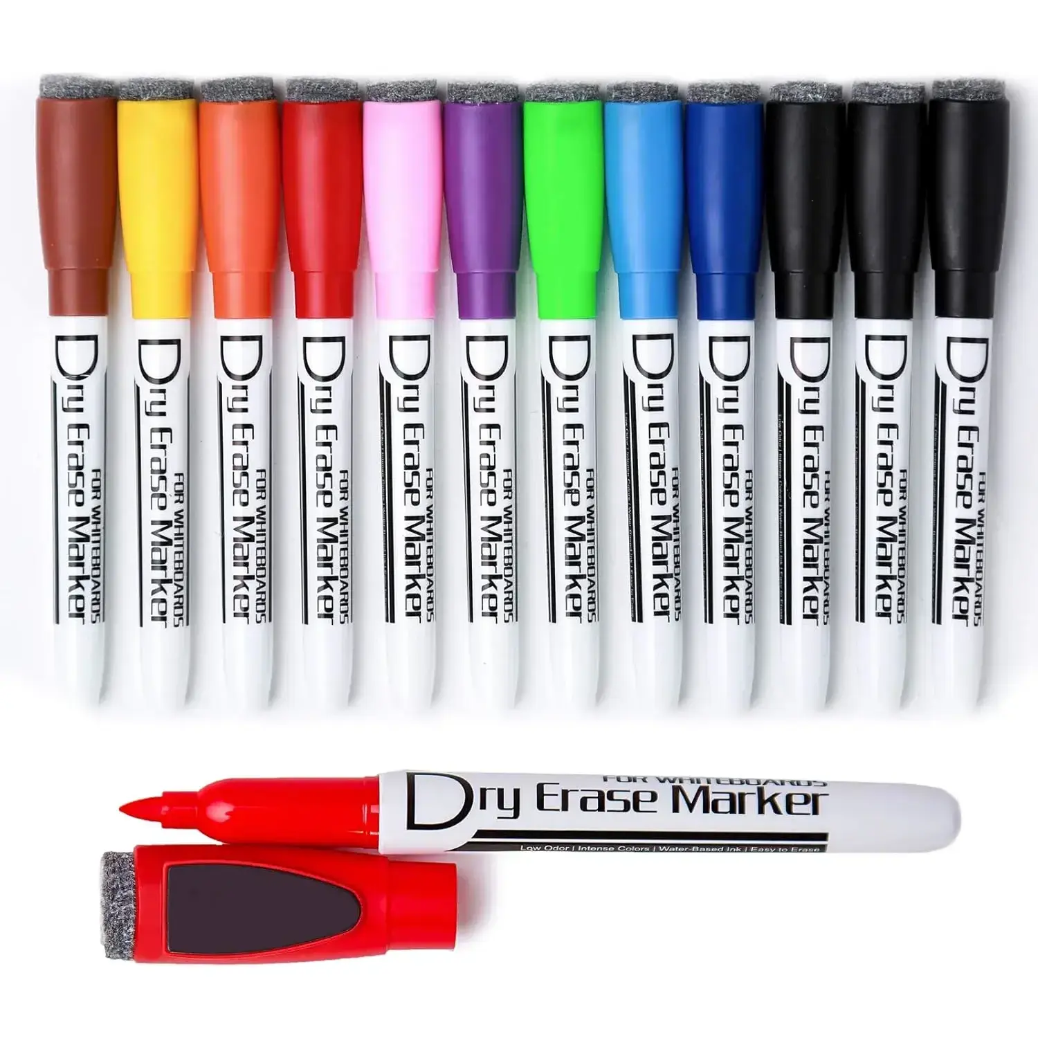 Magnetic Dry Wipe Pens Dry Erase Markers With Eraser Cap Low Odor Fine Tip Whiteboard Pens Pack of 12,10 Colors