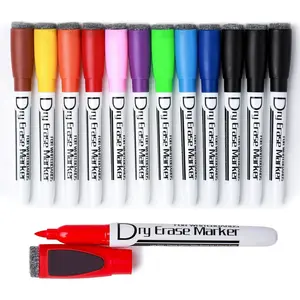 Magnetic Dry Wipe Pens Dry Erase Markers With Eraser Cap Low Odor Fine Tip Whiteboard Pens Pack of 12,10 Colors