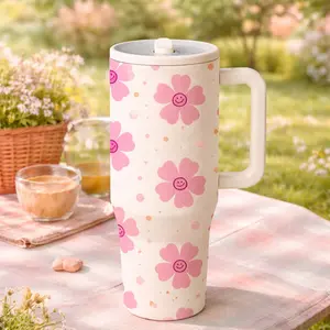 1 Pc insulated mug, 40oz thermal mug, double wall vacuum cup, leak proof lid, keeps hot 12 hours cold 24 hours, large capacity skinny tumbler with handle, cute smiley flower design, aesthetic gift for women men, coffee tea travel mug, daily use