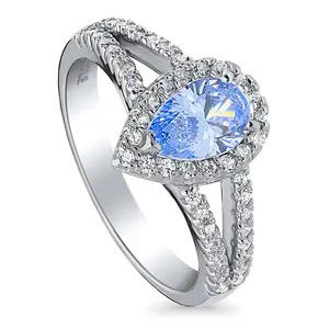 BERRICLE Sterling Silver Halo Split Shank Ring for Women, Blue Pear Cut Cubic Zirconia CZ