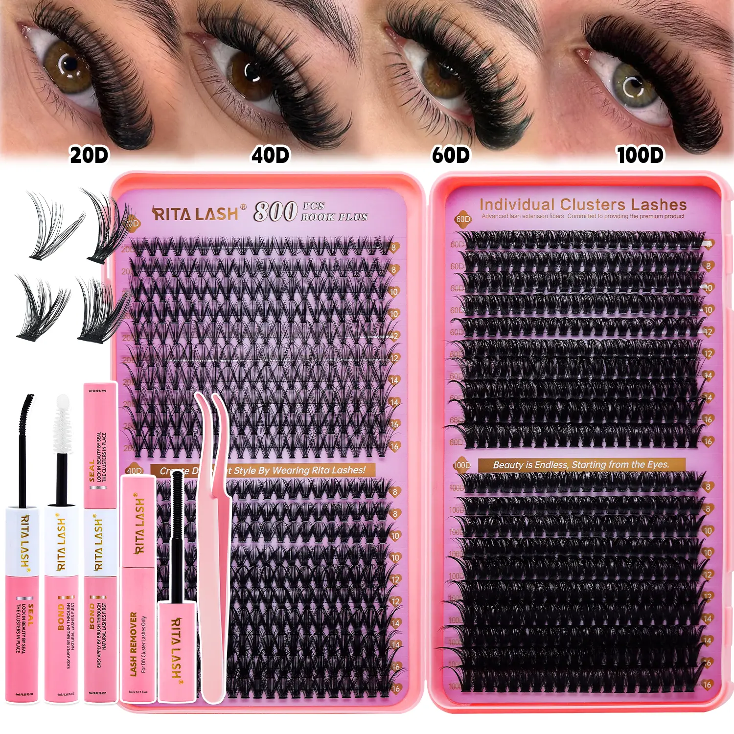 RITALASH 800/720Pcs Eyelash Clusters Lash Kit Gift Packs with Bond&Seal Volume Soft Extension False Eyelash D Curl Wispy Natural DIY Individual Eyelashes for Beginners Bulk Pack