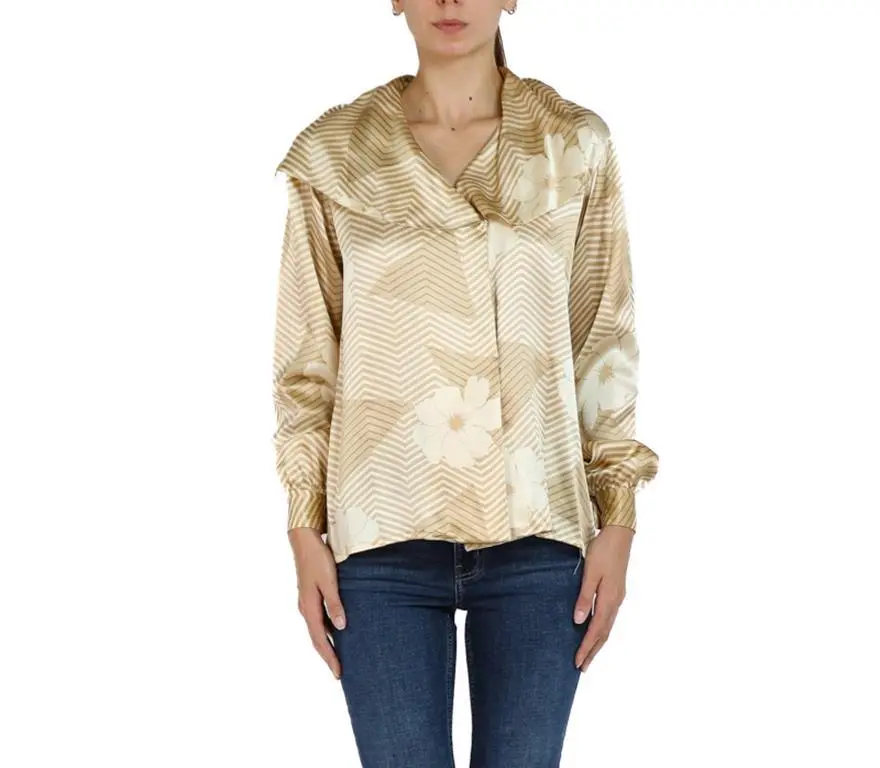 1970S Cream & Ecru Floral / Geometrical Print Blouse