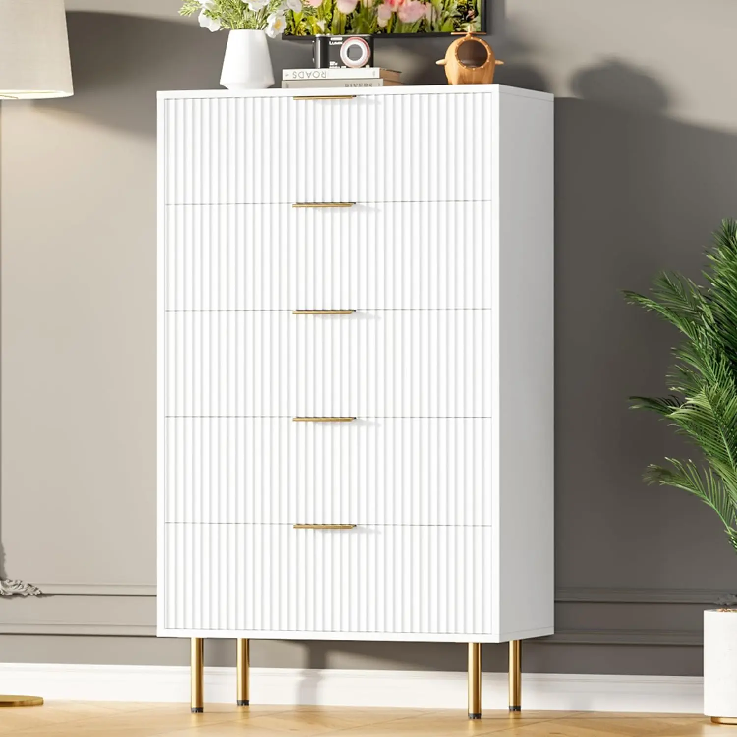 Gaomon 5-Drawer White MDF Wood Dresser with Fluted Panels, Metal Handles, 47.9" Tall Chest for Bedroom, Closet Storage Organizer