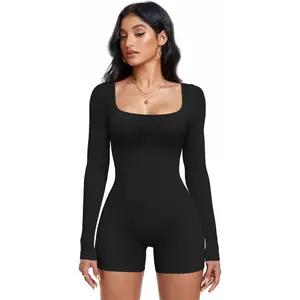 Womens Long Sleeve Workout Jumpsuit Square Neck Ribbed Seamless Yoga Romper Sexy Bodycon Tummy Control Unitard Onesie