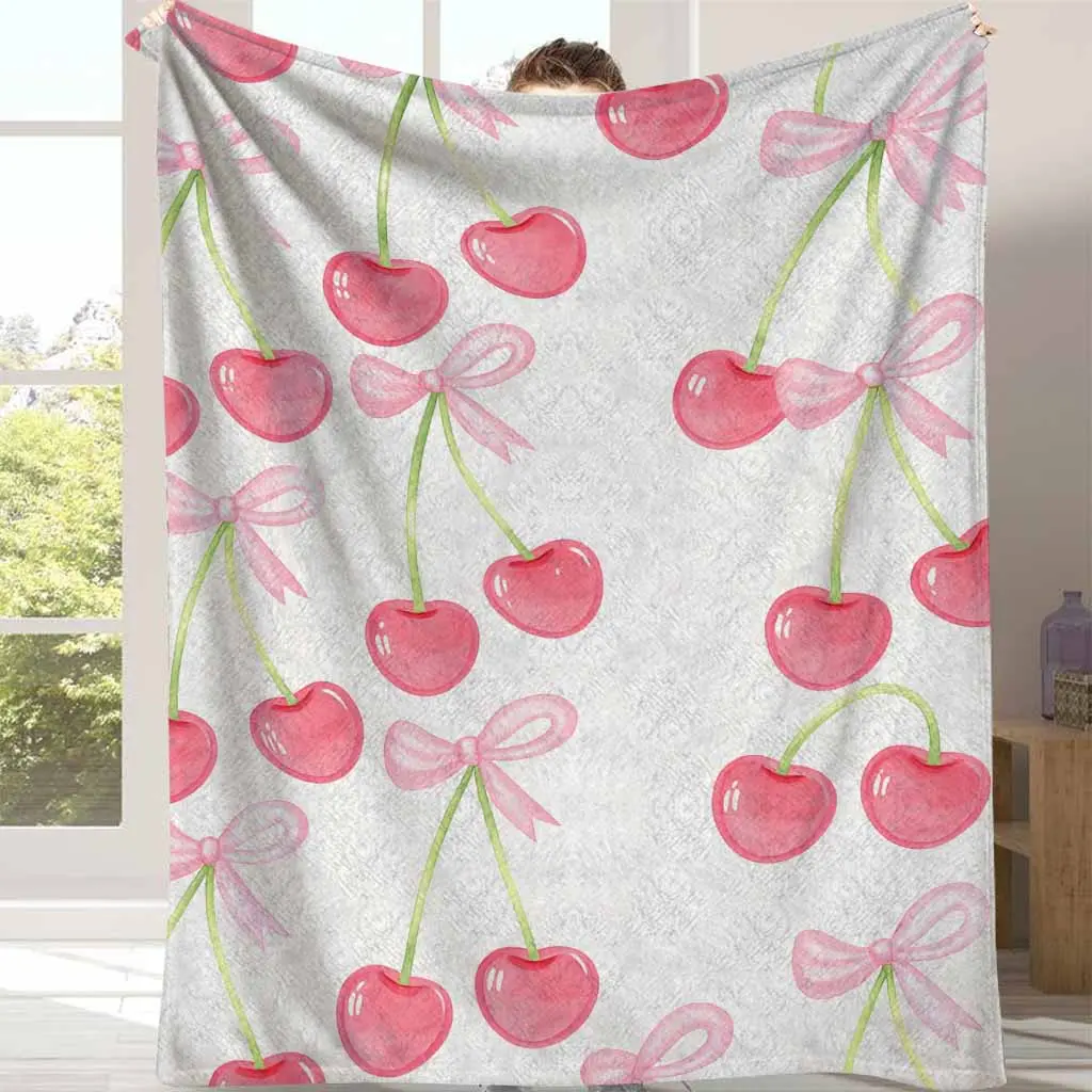 Watercolor Cherry Flannel Blanket with Cute Bow & Plush Accents, Soft Lightweight, Cozy Warm for Adults, Versatile for Sofa, Travel, Housewarming Gift, Cherry Blankets for Cozy Room Vibes, Birthday Holiday Present
