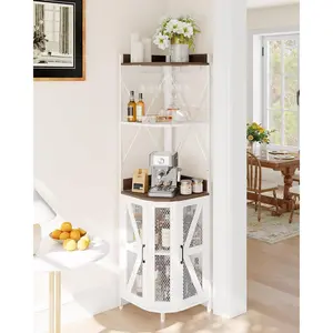Corner Bar Cabinet with Led Lights, Corner Cabinet with Outlet, Storage Space and Detachable Wine Rack, Farmhouse Style Coffee Cabinet for Dining Room, Living Room, Kitchen
