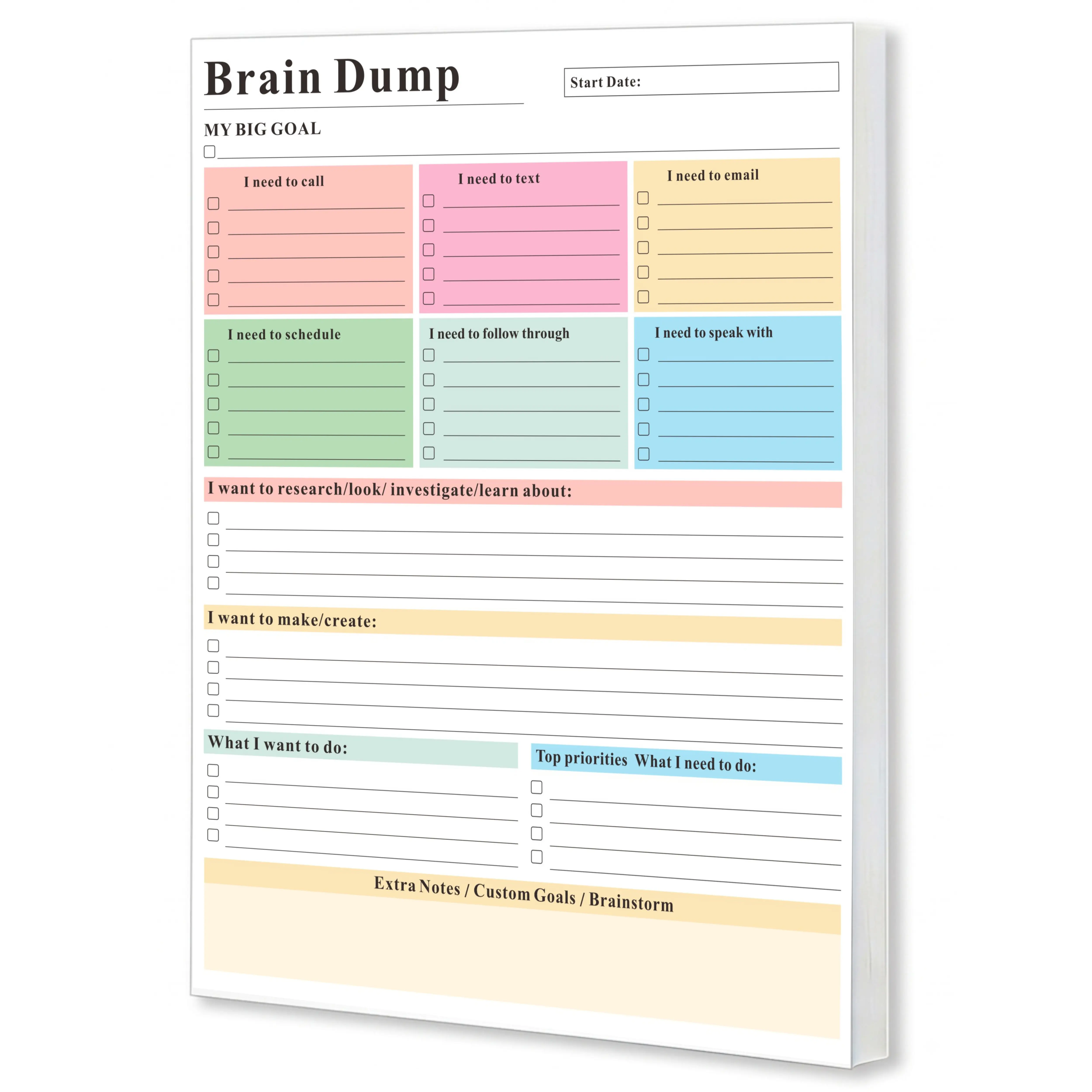 8.5"x11" ADHD Brain Dump Planner Notepad - 50 Tear-Off Sheets, Multi-Section Daily Organizer, Focus Research Workbook, Office Desk Accessory, Adulting Gift, Black Friday & Christmas Gifts
