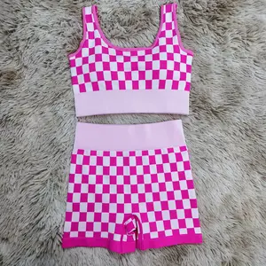 Pink gingham bras top match shorts seamless activewear set women 2 pcs outfits