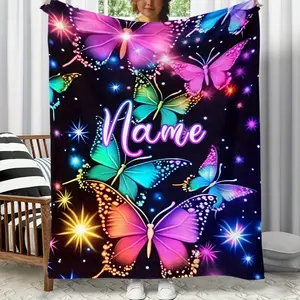 1 Piece Dreamy Colorful Butterfly Personalized Custom Name Portable Blanket - Lightweight Flannel Blanket, Suitable for Sofa, Bed, Travel, Camping, Living Room, Office, Sofa, Chair, and Bed - Digital Printed Blanket, Made of Soft and Warm Flannel Fabric