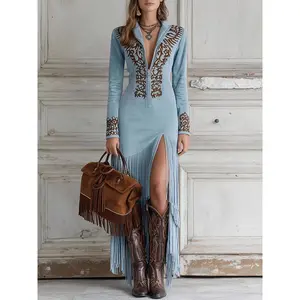 Light Blue Western Maxi Dress - V-Neck Brown Embroidery Fringe, High Side Slit Vintage Day Dress