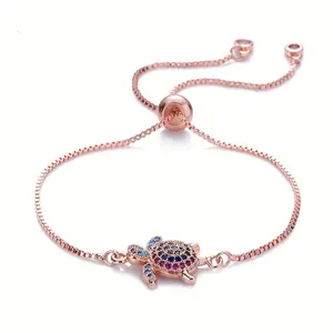 1pc Chic Copper Micro-Inlaid Sea Turtle Bracelet with Colorful Cubic Zirconia, Boho Hip Hop Style, Adjustable Chain for Daily Wear & Gifting, All-Season Versatile Jewelry, Casual Accessory|Turtle Design|Zirconia Embellishment