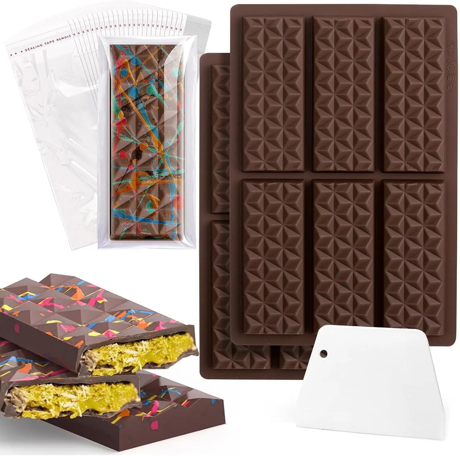 2PCS Chocolate Mould, Silicone Chocolate Bar Moulds, Diamond Pattern Big Chocolate Bar Mold, for Making Keto Fat Bombs, Energy Protein Bars