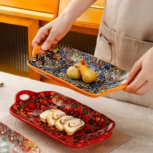 2pcs Ceramic Long Plates with Handles, Rectangular Sushi/noodle Dishes, Oven and Microwave Safe, Ideal for Home, Dorm, Restaurant Use