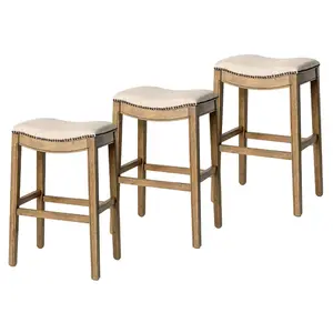 Maven Lane Adrien Backless Saddle Kitchen Stool, Natural Wood Finish, Set of 3