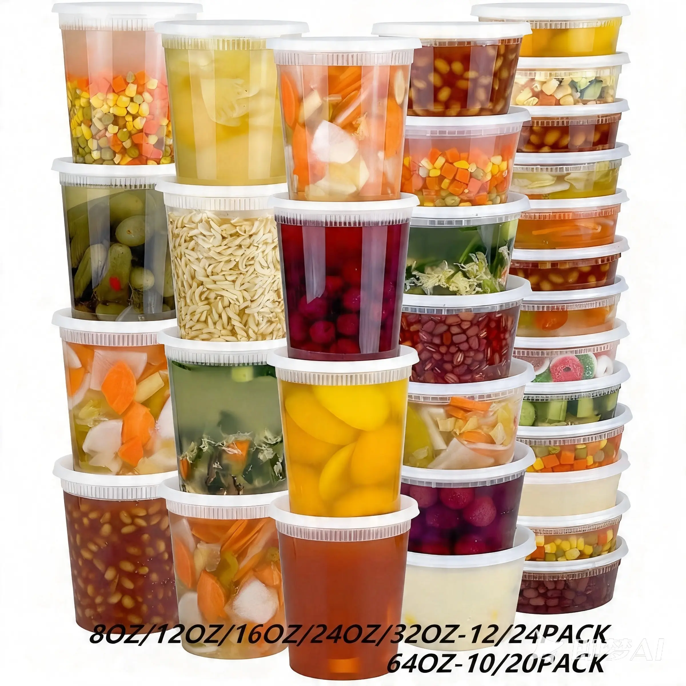 Plastic Deli Containers with Lids, Kitchen Plastic Containers, 8oz~64oz Leakproof Soup Storage Containers, Produce Storage Containers for Restaurant, Reusable Round Takeout Deli Cups for Food Slime Meal Prep Leftover, BPA Free, Microwave/Freezer Safe