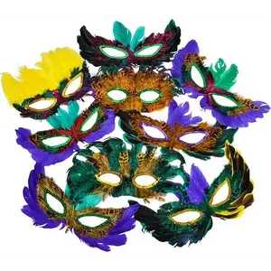 4E's Novelty Bulk Mardi Gras Feather Masks – 12 Pack Masquerade Party Accessories for Adults