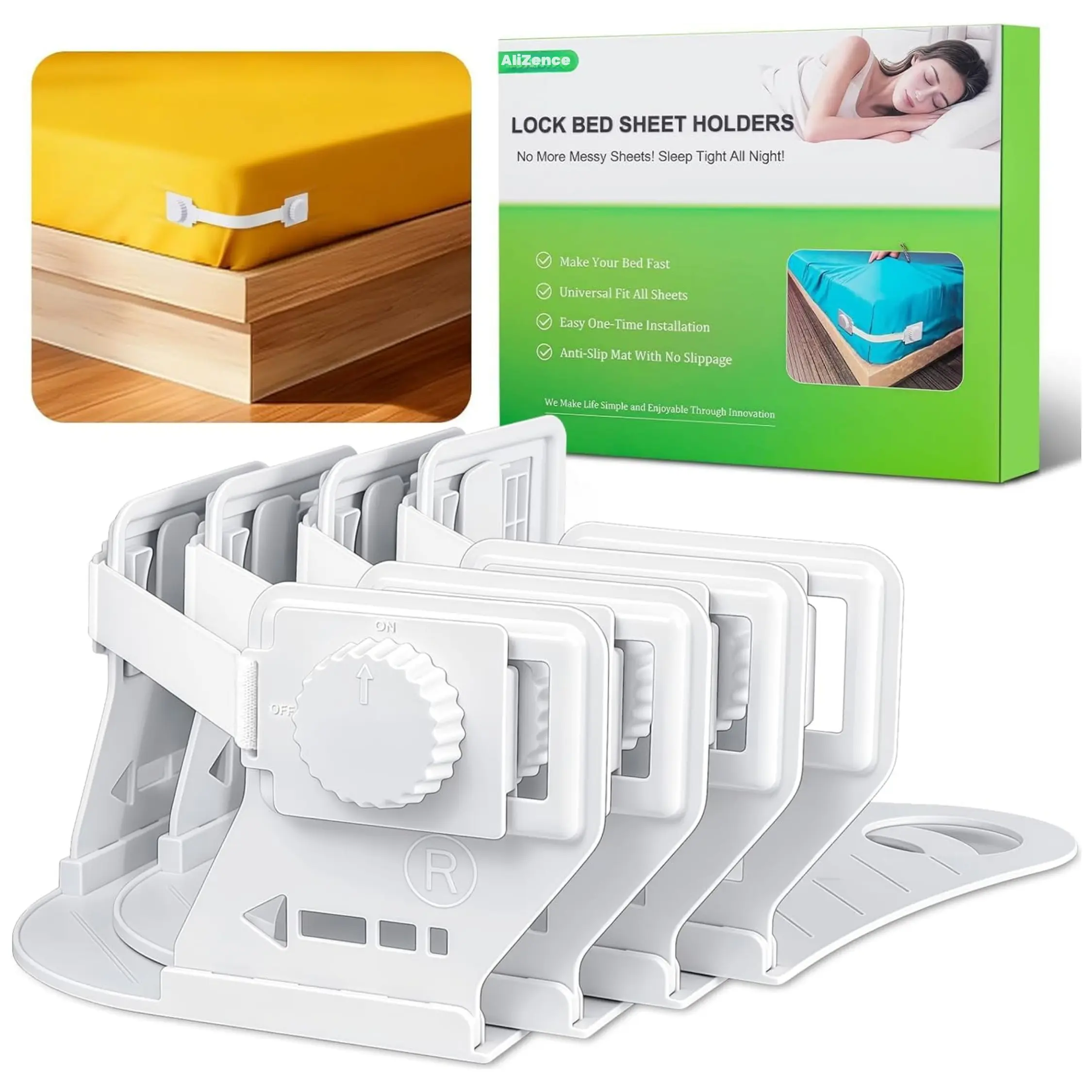 Lock Bed Sheet Holders for Corners, Patented Sheet Straps with Anti-Slip Pads & Knob Locks to Keep Sheets Tight & Neat, 4Pcs Heavy-Duty Bed Sheet Grippers for All Mattress, Easy One-Time Installation
