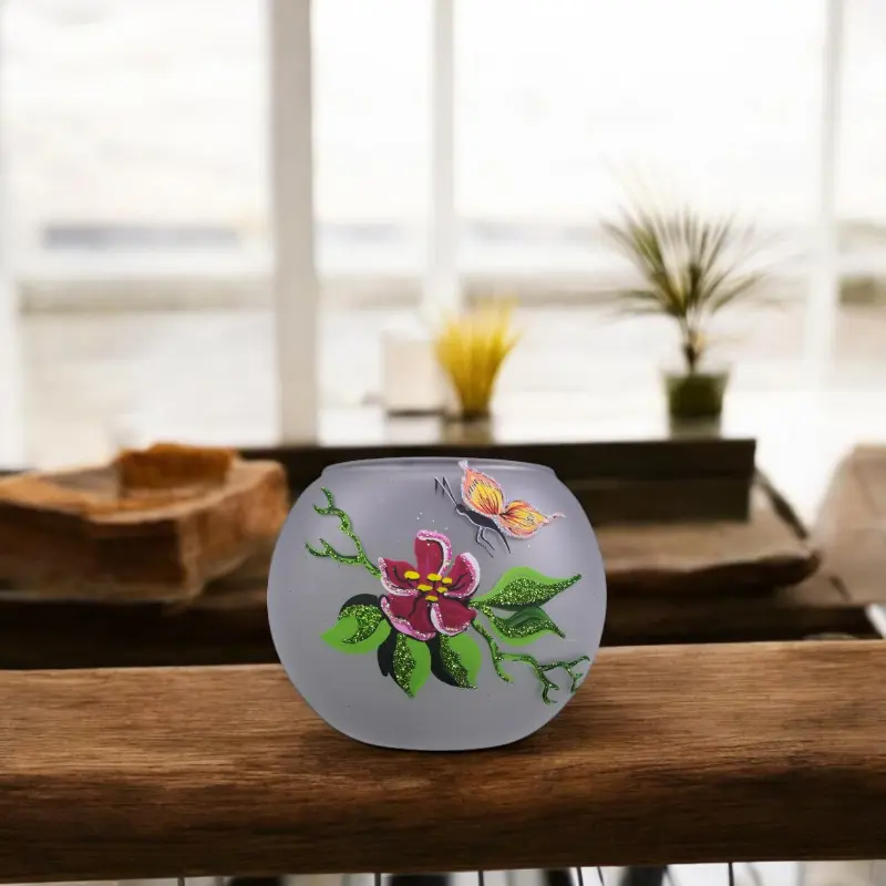 Large Frosted Glass Candle Holder, Hand Crafted in Ukraine, Butterfly Design, Wonderful Year Round