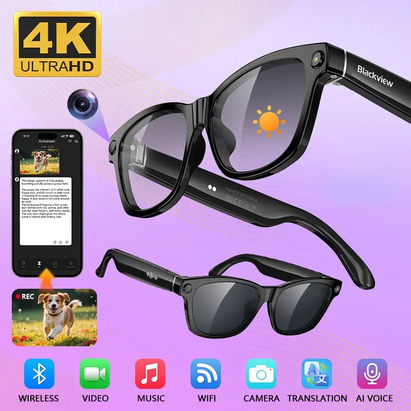 AI Glasses With 4K Camera Video Stabilization Noise-Canceling Mic And ChatGPT For Vlog Water Resistant With Dark Lens