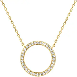 Gold Plated Circle CZ Solitaire Necklace | Elegant Bezel Pendant | Dainty Cubic Zirconia Halo Choker Necklaces for Women