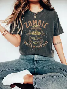 Retro Horror Punk Casual Fitted T-Shirt, Vintage Grunge Skull Graphic Tee