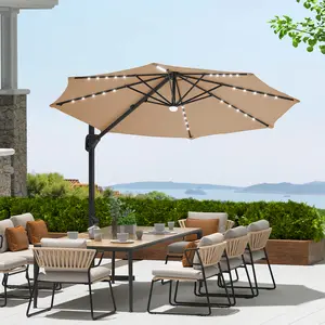 Solar LED Cantilever Patio Umbrella 10ft – 360° Rotation, Heavy-Duty Frame, Easy Crank & Tilt, UV Protection, Offset Outdoor Parasol with Cross Base for Garden, Deck, Pool, Backyard – Turquoise