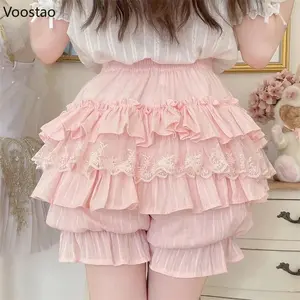 Japanese Kawaii Lolita Safety Short Pants Women Sweet Ruffles Lace Bow Knickers Elastic Waist Harajuku  Shorts Cute Bloomers