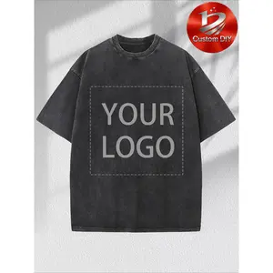 washed round neck short-sleeved top, customized for couples, customized with large LOGO text pattern on the front, company team dinner, work clothes, customized gifts, high-quality printing, retro loose clothes, same style for men and women Customized