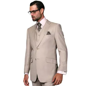 Men’s 3 Piece Tailored Fit Suit with Vest and Flat Front Pants - Sand