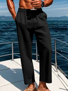 Breathable Linen Pants for Men - Stretchy Waistband Lightweight Summer Trousers, Casual Outdoor Trouser | Relaxed Fit Travel & Home Pants, Quick-Dry Pure Color