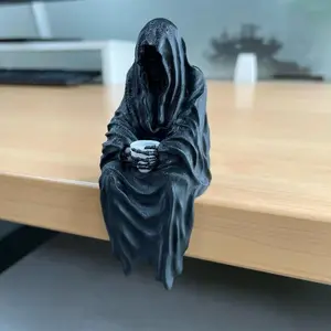 Seated Ghost With Tea Cup- 3D Printed Gothic Decoration, Skeleton Holding Cup, Halloween Horror Decor, Black Resin Figurine,summervibes