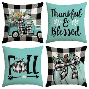 4pcs Autumn Thanksgiving Decoration Pillow Cover 18x18 inches, Pumpkin Gratitude Blessing Buffalo Grid Printed Autumn Decoration Cushion Cover, Bedroom, Living Room, Sofa, Farmhouse, Bed, Car Decoration Cushion Pillow Cover (No Pillow Core)